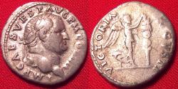 Ancient Coins - VESPASIAN AR silver denarius. VICTORIA AVGVSTI, Victory placing wreath on standard.