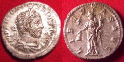 Ancient Coins - ELAGABALUS AR silver denarius. LIBERTAS AVG, Libertas standing, holding pileus & scepter. Sharp reverse