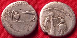 Ancient Coins - MARCUS ANTONIUS (Marc Antony) & LEPIDUS AR silver quinarius. Struck at Cisalpine Gaul, 43 BC. Victory crowning trophy, lituus, jug & raven. Rare.