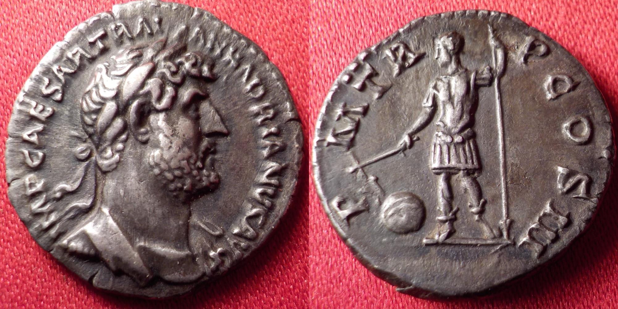 HADRIAN AR silver denarius. Emperor in military dress, holding rudder ...