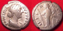 Ancient Coins - FAUSTINA II JUNIOR AR silver denarius. Hilaritas standing, holding long palm & cornucopia.