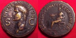 Ancient Coins - CALIGULA & DIVUS AUGUSTUS AE dupondius. Statue of Caligula, bust of Divus Augustus, SC flanking.