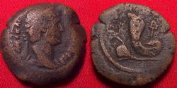 Ancient Coins - HADRIAN AE obol. Alexandria. Uraeus serpent, wearing skhent, holding sistrum. Very rare.