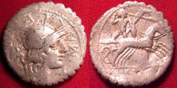 Ancient Coins - C POBLICIUS MALLEOLUS and friends AR silver denarius. Narbo, 118 BC. Bituitus in biga