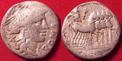 Ancient Coins - GNAEUS DOMITIUS AHENOBARBUS AR silver denarius. 116-115 BC. Helmeted Roma, Jupiter in quadriga.
