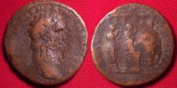 Ancient Coins - DOMITIAN AE as. LUD SAEC FEC, Secular games type, Domitian sacrificing over altar, flute player & harpist attending, temple of Jupiter behind. Scarce
