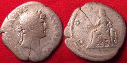 Ancient Coins - HADRIAN AR silver denarius. Concordia seated left, resting elbow on small statue of Spes.