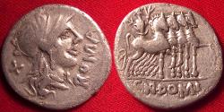 Ancient Coins - GNAEUS DOMITIUS AHENOBARBUS AR silver denarius. 116-115 BC. Helmeted Roma, Jupiter in quadriga