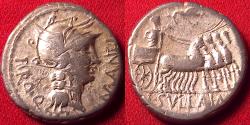 Ancient Coins - Sulla's Triumph! L MANLIUS TORQUATUS & LUCIUS CORNELIUS SULLA AR silver denarius. Military mint, 82 BC. Sulla in triumphal quadriga. Scarce.