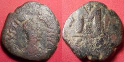 Ancient Coins - JUSTINIAN I AE follis. Constantinople. Pre reform coinage, right facing portrait.