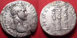 Ancient Coins - TRAJAN AR silver tridrachm. Caesarea, Cappadocia. Three standards, topped with eagle, hand, & wreath