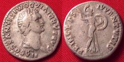 Ancient Coins - DOMITIAN, as Caesar under Titus, AR silver denarius. Rome, 80 AD. Minerva advancing, PRINCEPS IVVENTVTIS.