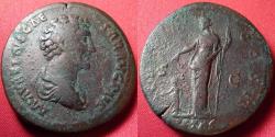Ancient Coins - MARCUS AURELIUS CAESAR AE orichalcum sestertius. Rome, 148-149 AD. Pietas standing, child at her feet.