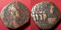 Ancient Coins - COMMODUS AE sestertius. Rome mint, 186 AD. Commodus on platform, haranguing five soldiers below. Rare.