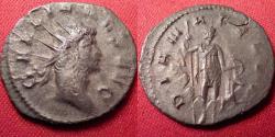 Ancient Coins - GALLIENUS AR silver antoninianus. Mediolanum. DIANA FELIX, Diana standing, holding long spear & bow, hound at her feet. Scarce.