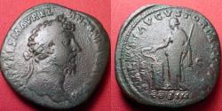 Ancient Coins - MARCUS AURELIUS AE sestertius. Rome mint, 163 AD. SALVTI AVGVSTOR, Salus standing, feeding serpent.