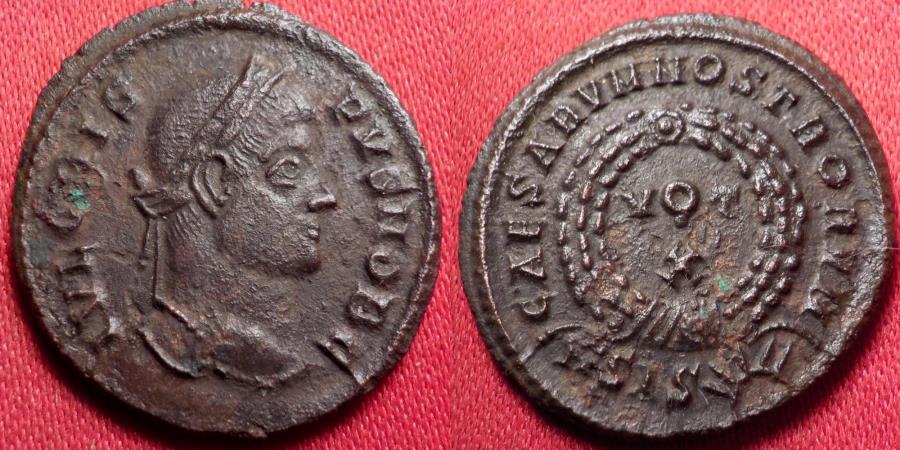 Ancient Coins - CRISPUS CAESAR AE3. Siscia mint, 'sunburst' in exergue. VOT X in wreath