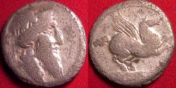 Ancient Coins - QUINTUS TITIUS AR silver denarius. Bust of Mutinus Titinus (Priapus), wearing winged diadem. Pegasus springing from tablet.
