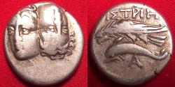 Ancient Coins - ISTROS, Moesia AR silver drachm. Solar eclipse. 4th-3rd century BC. Twin male heads, one inverted. Sea eagle grasping dolphin.