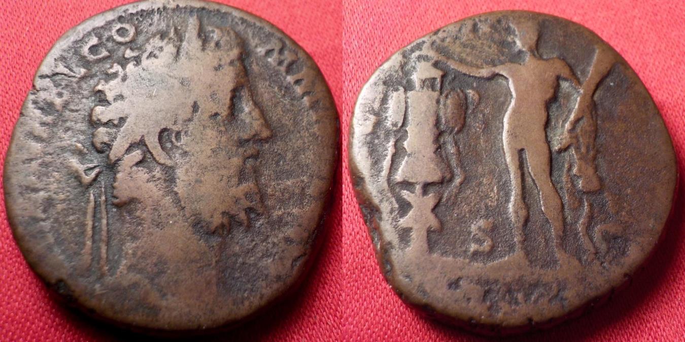 COMMODUS AE sestertius. HERCULI ROMANO, Hercules standing, hand on ...