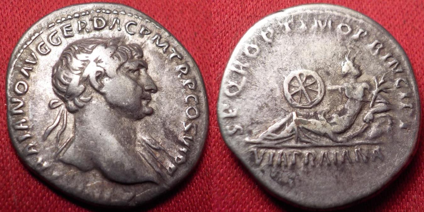 TRAJAN AR silver denarius. VIA TRAIANA, goddess reclining, holding ...