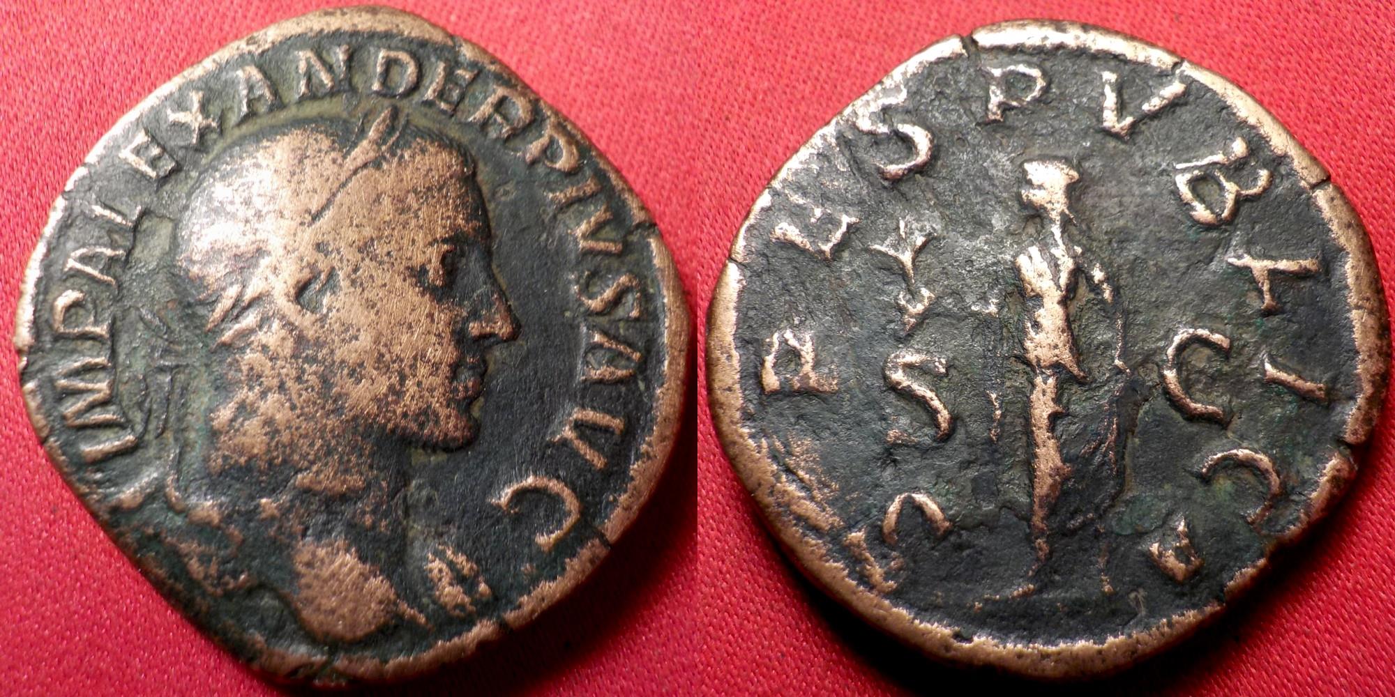 SEVERUS ALEXANDER AE sestertius. Spes advancing, holding flower.