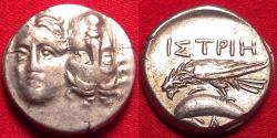 Ancient Coins - ISTROS, Moesia AR silver drachm. Solar eclipse. 4th-3rd century BC. Twin male heads, one inverted. Sea eagle grasping dolphin.