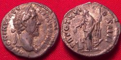 Ancient Coins - ANTONINUS PIUS AR silver denarius Annona standing, holding corn ears over modius, & rudder set on prow.