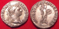 Ancient Coins - DOMITIAN AR silver denarius. Minerva advancing, holding thunderbolt & shield