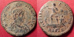 Ancient Coins - THEODOSIUS I AE2. Antioch mint. GLORIA ROMANORUM, Emperor & Victoria on galley. Helmeted bust, holding spear & shield.