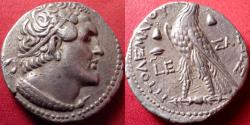 Ancient Coins - PTOLEMY VI PHILOMETOR AR silver tetradrachm. Salamis, 177-176 BC. Eagle on thunderbolt, piloi of Dioskouroi & petasos in fields. Rare and attractive