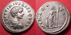 Ancient Coins - GETA CAESAR AR silver denarius. MINERV SANCT, Laodicea ad Mare mint. Minerva standing, holding spear & leaning on shield.