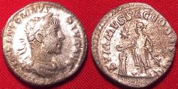 Ancient Coins - ELAGABALUS AR silver denarius. Horned portrait. Summus Sacerdos, Elagabalus sacrificing over altar.