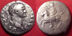 Ancient Coins - DOMITIAN AR silver denarius. Domitian riding on prancing horse. Rare reverse, Judea Capta triumphal parade type.