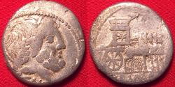 Ancient Coins - L RUBRIUS DOSSENUS AR silver denarius. Bust of Jupiter right, Triumphal quadriga, or tensa carrying the sacra