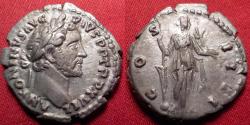 Ancient Coins - ANTONINUS PIUS AR silver denarius. COS IIII, Fortuna standing, holding rudder set on globe, & cornucopia.