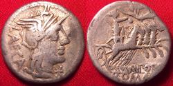 Ancient Coins - M PORCIUS LAECA AR silver denarius. Helmeted Roma, Libertas in quadriga. 125 BC.