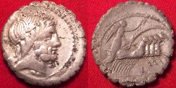 Ancient Coins - QUINTUS ANTONIUS BALBUS, AR silver serratus denarius. Laureate Jupiter, Victoria in quadriga. 'Anti Sulla' issue
