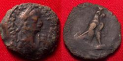 Ancient Coins - DOMITIAN AE obol. Alexandria. Hawk wearing skhent crown. Very scarce.