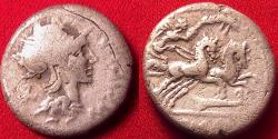 Ancient Coins - MARCUS CIPIUS AR silver denarius. Helmeted bust of Rome, Victory in biga, holding palm branch.