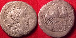 Ancient Coins - GNAEUS PORCIUS CATO AR silver denarius. Bust of Roma, Victory in biga.