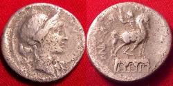 Ancient Coins - MANLIUS AEMILIUS LEPIDUS AR silver denarius. Laureate bust of Roma, Equestrian statue on triumphal arch or aqueduct.