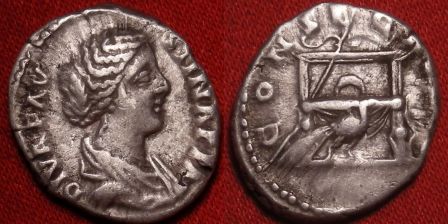 DIVA FAUSTINA II JUNIOR AR silver denarius. CONSECRATIO, Throne with ...