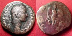 Ancient Coins - SEVERUS ALEXANDER AE sestertius. Victoria standing right, attaching inscribed shield to palm tree.