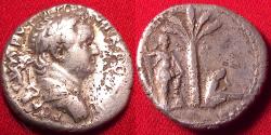 Ancient Coins - TITUS CAESAR AR silver denarius. Antioch mint. JUDEA CAPTA type, captive beneath palm tree, Titus in military attire, beside. Rare