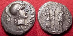 Ancient Coins - GNAEUS POMPEIUS MAGNUS JUNIOR AR silver denarius. Corduba, 46-45 BC. Hispania presenting palm branch to Pompey