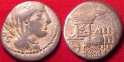 Ancient Coins - L RUBRIUS DOSSENUS AR silver denarius. Rome, 87 BC. Triumphal quadriga or tensa carrying sacra / Veiled Juno