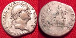 Ancient Coins - VESPASIAN AR silver denarius, COS ITER TR POT, Pax seated left, holding branch & caduceus. 'First year' series.