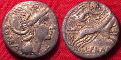 Ancient Coins - L FLAMINIUS CHILO AR silver denarius. Victory in biga, helmeted bust of Roma.
