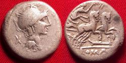 Ancient Coins - MARCUS CIPIUS AR silver denarius. Helmeted bust of Rome, Victory in biga, holding palm branch.
